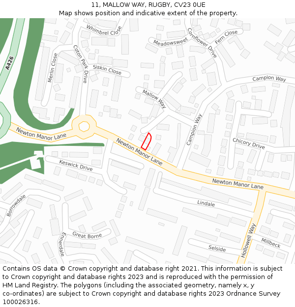 11, MALLOW WAY, RUGBY, CV23 0UE: Location map and indicative extent of plot