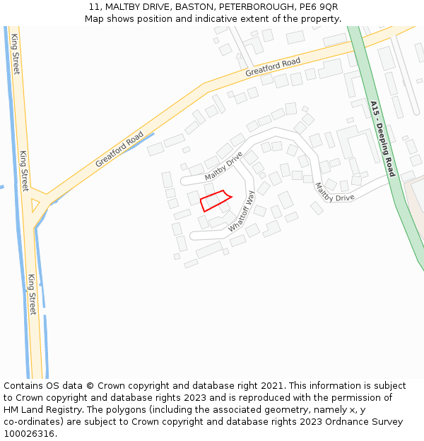 11, MALTBY DRIVE, BASTON, PETERBOROUGH, PE6 9QR: Location map and indicative extent of plot