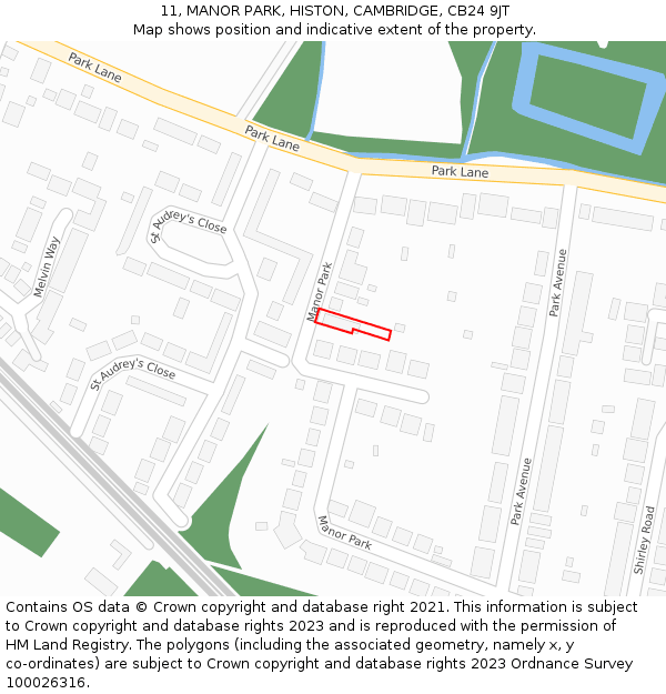 11, MANOR PARK, HISTON, CAMBRIDGE, CB24 9JT: Location map and indicative extent of plot