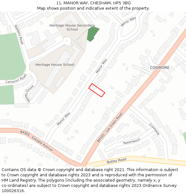 11, MANOR WAY, CHESHAM, HP5 3BG: Location map and indicative extent of plot
