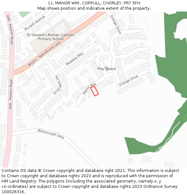 11, MANOR WAY, COPPULL, CHORLEY, PR7 5FH: Location map and indicative extent of plot