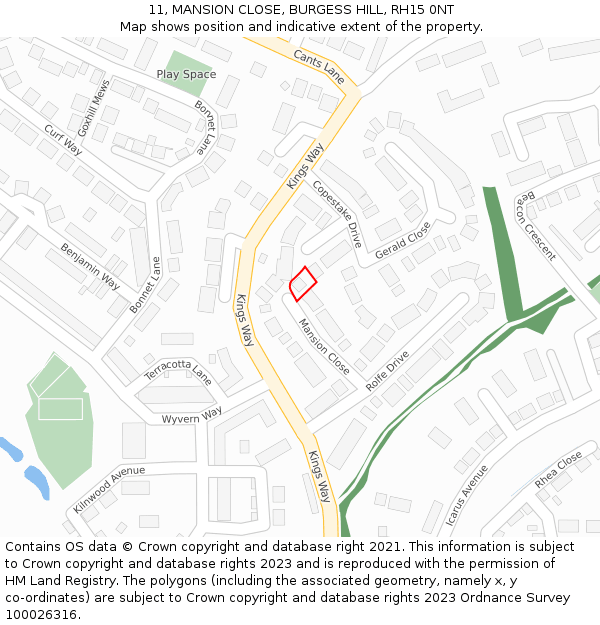 11, MANSION CLOSE, BURGESS HILL, RH15 0NT: Location map and indicative extent of plot