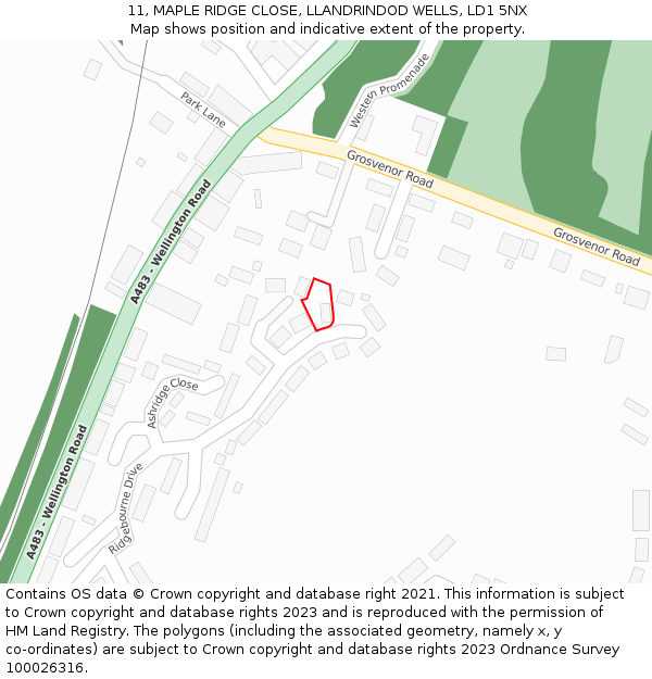 11, MAPLE RIDGE CLOSE, LLANDRINDOD WELLS, LD1 5NX: Location map and indicative extent of plot