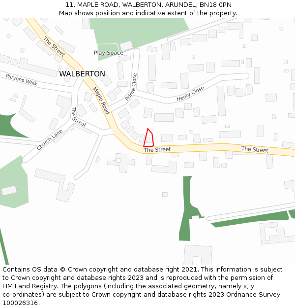 11, MAPLE ROAD, WALBERTON, ARUNDEL, BN18 0PN: Location map and indicative extent of plot