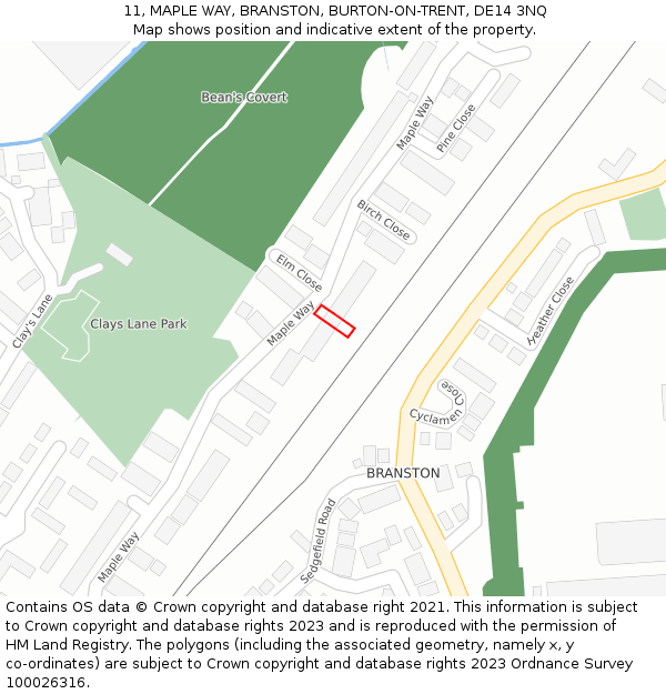 11, MAPLE WAY, BRANSTON, BURTON-ON-TRENT, DE14 3NQ: Location map and indicative extent of plot