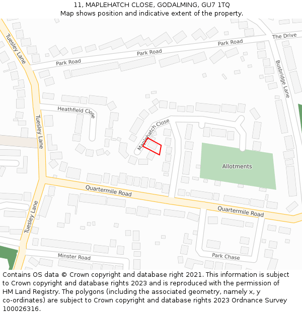 11, MAPLEHATCH CLOSE, GODALMING, GU7 1TQ: Location map and indicative extent of plot