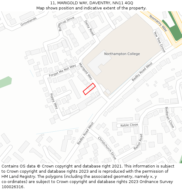 11, MARIGOLD WAY, DAVENTRY, NN11 4GQ: Location map and indicative extent of plot