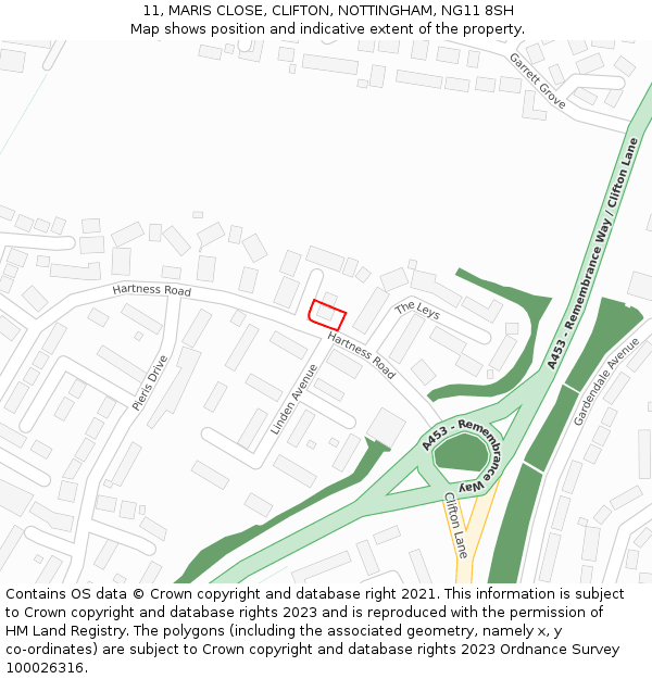 11, MARIS CLOSE, CLIFTON, NOTTINGHAM, NG11 8SH: Location map and indicative extent of plot