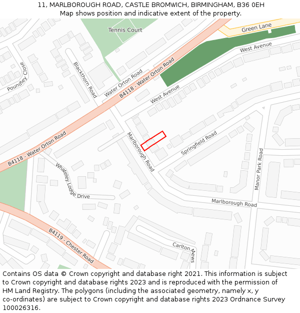 11, MARLBOROUGH ROAD, CASTLE BROMWICH, BIRMINGHAM, B36 0EH: Location map and indicative extent of plot