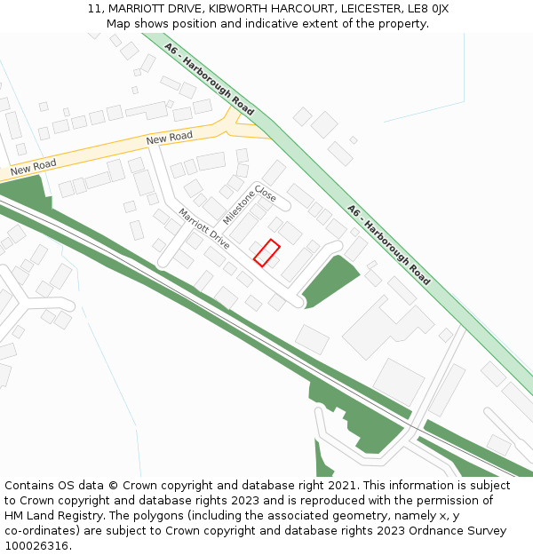 11, MARRIOTT DRIVE, KIBWORTH HARCOURT, LEICESTER, LE8 0JX: Location map and indicative extent of plot
