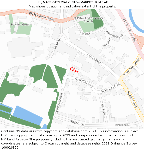 11, MARRIOTTS WALK, STOWMARKET, IP14 1AF: Location map and indicative extent of plot