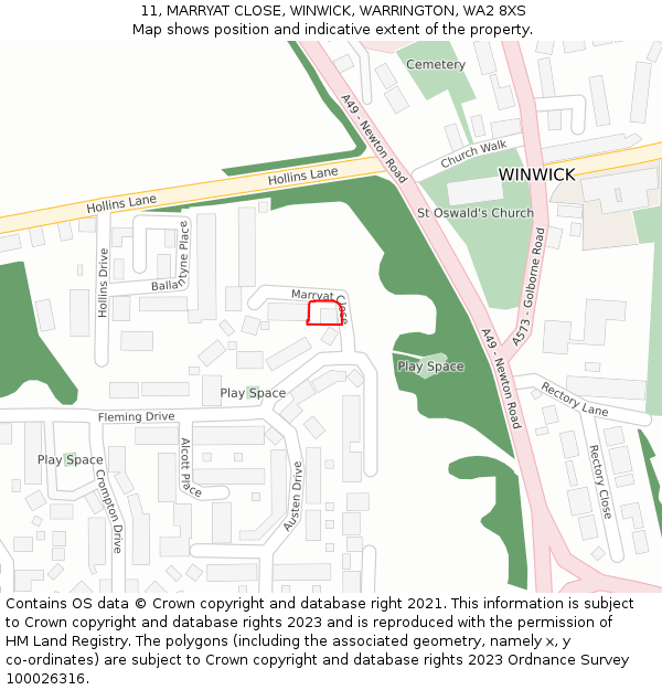 11, MARRYAT CLOSE, WINWICK, WARRINGTON, WA2 8XS: Location map and indicative extent of plot