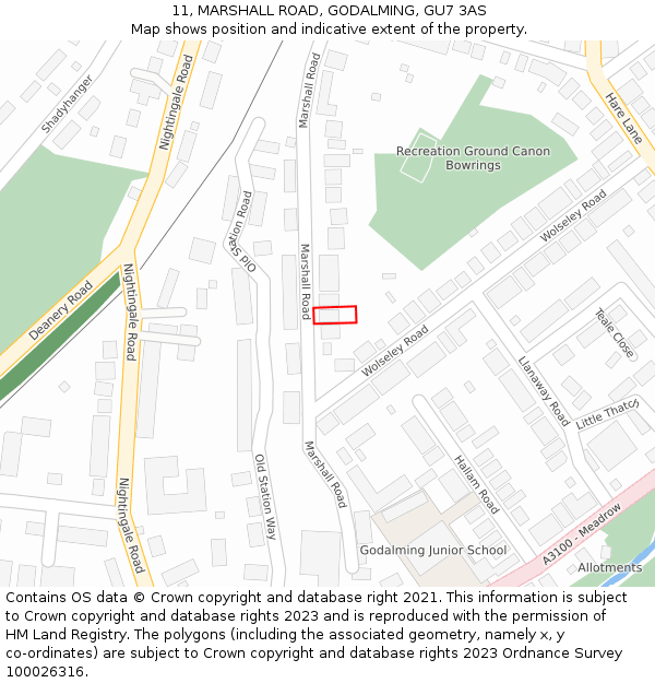 11, MARSHALL ROAD, GODALMING, GU7 3AS: Location map and indicative extent of plot
