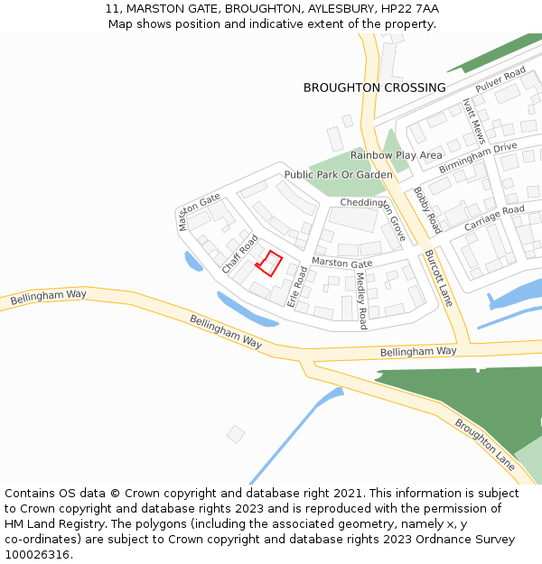 11, MARSTON GATE, BROUGHTON, AYLESBURY, HP22 7AA: Location map and indicative extent of plot