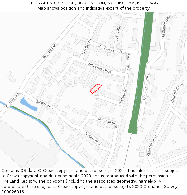 11, MARTIN CRESCENT, RUDDINGTON, NOTTINGHAM, NG11 6AG: Location map and indicative extent of plot