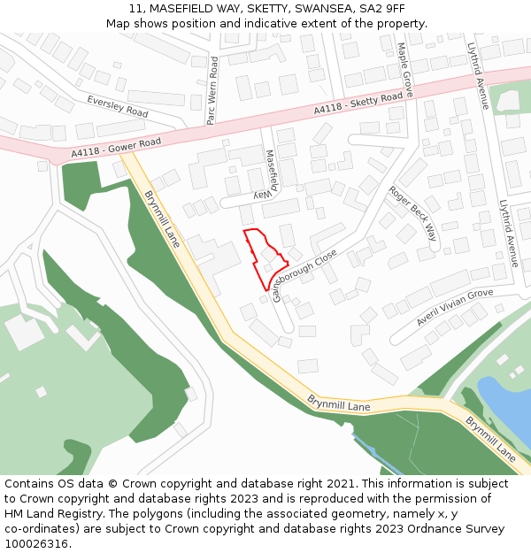 11, MASEFIELD WAY, SKETTY, SWANSEA, SA2 9FF: Location map and indicative extent of plot