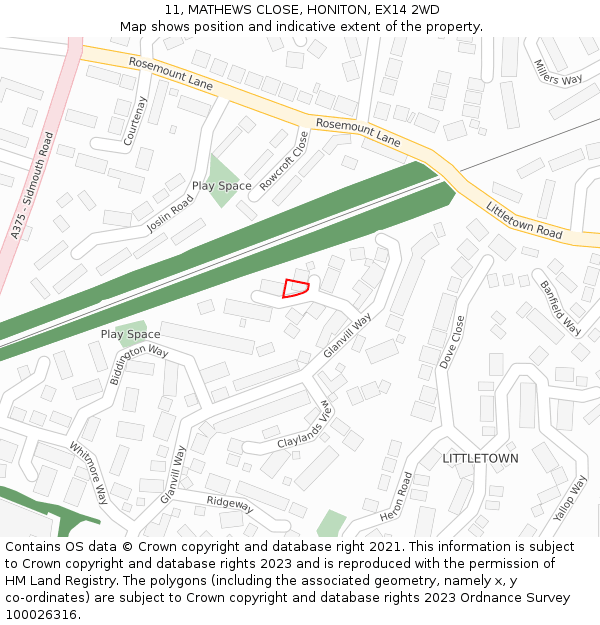 11, MATHEWS CLOSE, HONITON, EX14 2WD: Location map and indicative extent of plot