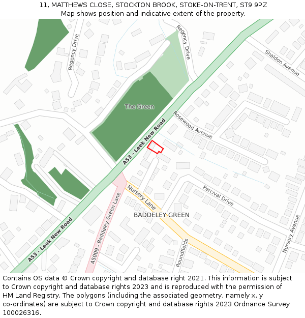 11, MATTHEWS CLOSE, STOCKTON BROOK, STOKE-ON-TRENT, ST9 9PZ: Location map and indicative extent of plot