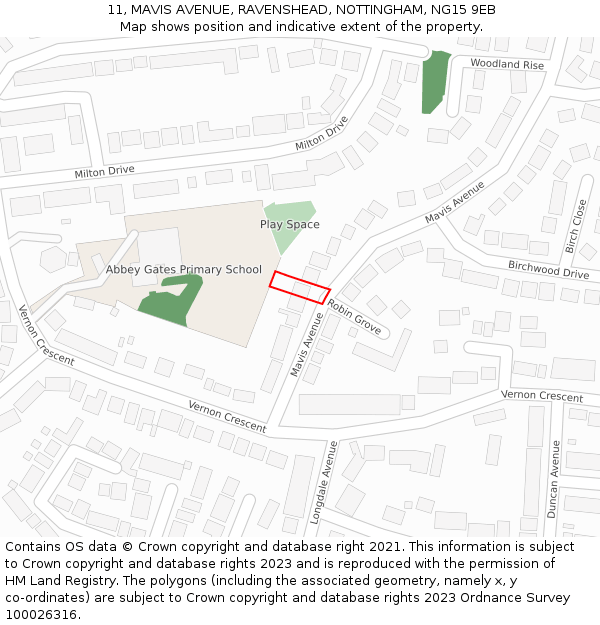 11, MAVIS AVENUE, RAVENSHEAD, NOTTINGHAM, NG15 9EB: Location map and indicative extent of plot