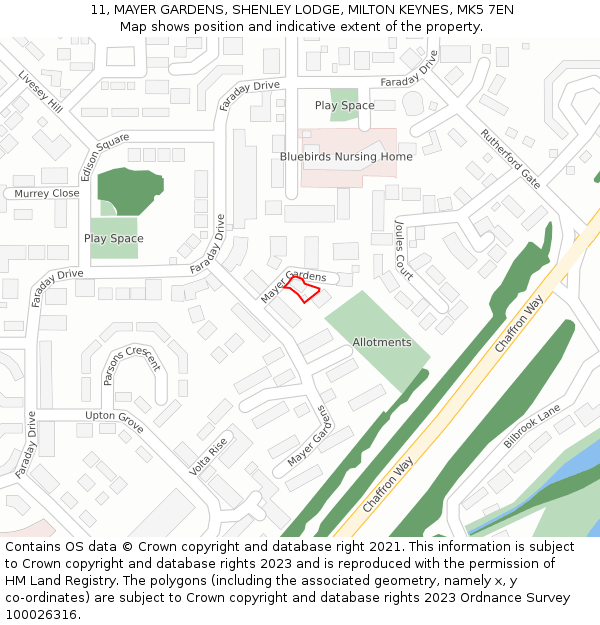 11, MAYER GARDENS, SHENLEY LODGE, MILTON KEYNES, MK5 7EN: Location map and indicative extent of plot