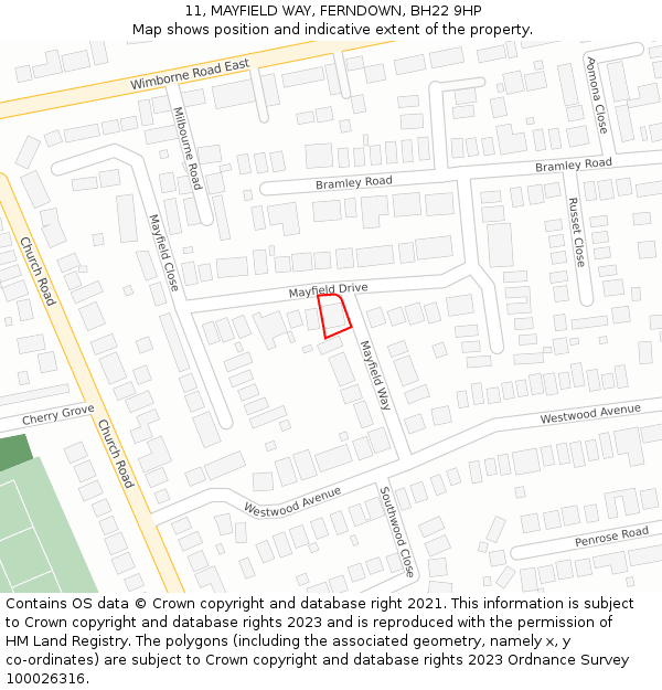 11, MAYFIELD WAY, FERNDOWN, BH22 9HP: Location map and indicative extent of plot