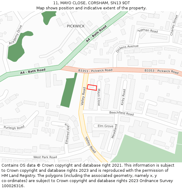 11, MAYO CLOSE, CORSHAM, SN13 9DT: Location map and indicative extent of plot
