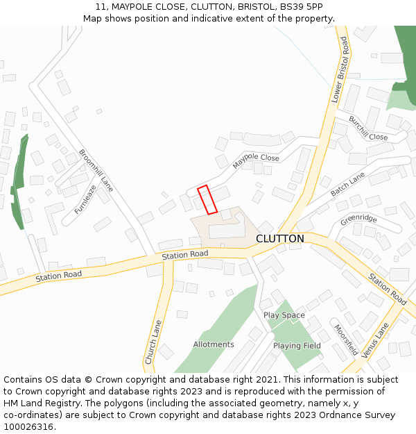 11, MAYPOLE CLOSE, CLUTTON, BRISTOL, BS39 5PP: Location map and indicative extent of plot