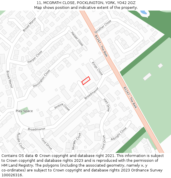 11, MCGRATH CLOSE, POCKLINGTON, YORK, YO42 2GZ: Location map and indicative extent of plot