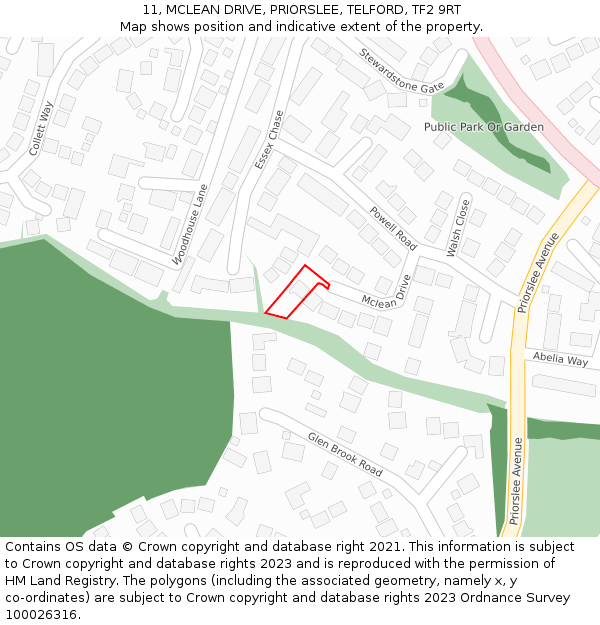 11, MCLEAN DRIVE, PRIORSLEE, TELFORD, TF2 9RT: Location map and indicative extent of plot