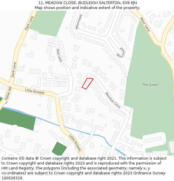 11, MEADOW CLOSE, BUDLEIGH SALTERTON, EX9 6JN: Location map and indicative extent of plot