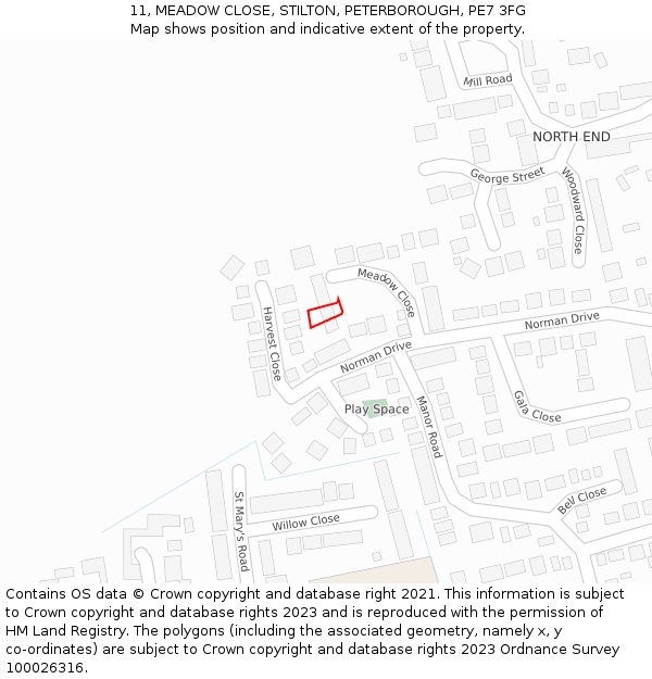 11, MEADOW CLOSE, STILTON, PETERBOROUGH, PE7 3FG: Location map and indicative extent of plot