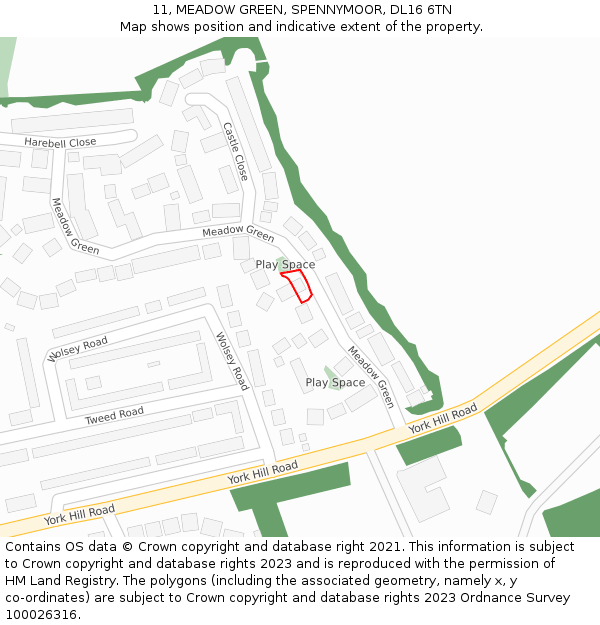 11, MEADOW GREEN, SPENNYMOOR, DL16 6TN: Location map and indicative extent of plot