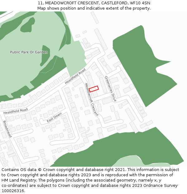 11, MEADOWCROFT CRESCENT, CASTLEFORD, WF10 4SN: Location map and indicative extent of plot