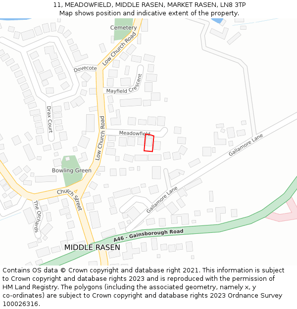 11, MEADOWFIELD, MIDDLE RASEN, MARKET RASEN, LN8 3TP: Location map and indicative extent of plot