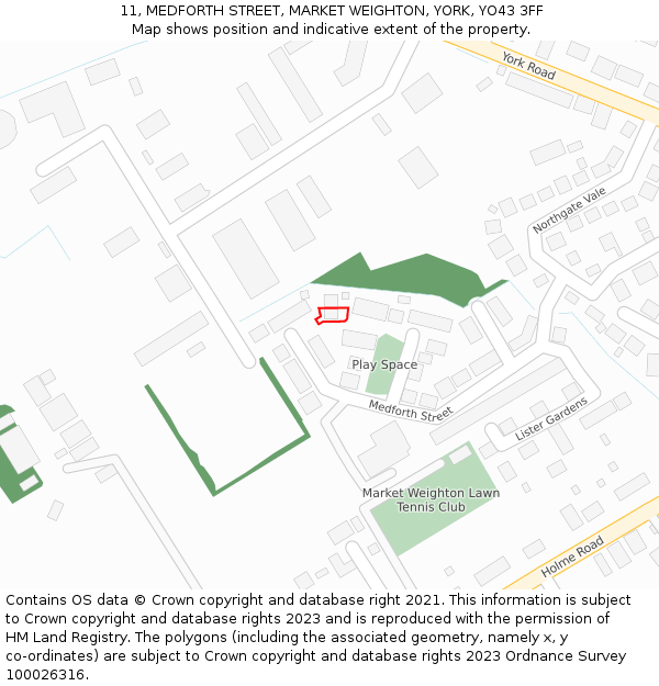 11, MEDFORTH STREET, MARKET WEIGHTON, YORK, YO43 3FF: Location map and indicative extent of plot