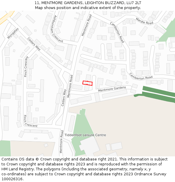 11, MENTMORE GARDENS, LEIGHTON BUZZARD, LU7 2LT: Location map and indicative extent of plot