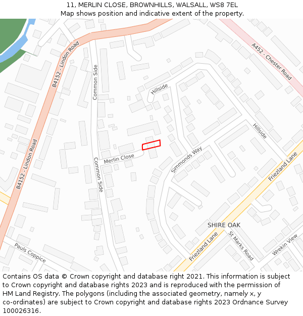 11, MERLIN CLOSE, BROWNHILLS, WALSALL, WS8 7EL: Location map and indicative extent of plot