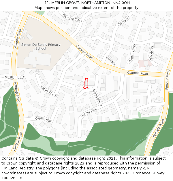 11, MERLIN GROVE, NORTHAMPTON, NN4 0QH: Location map and indicative extent of plot