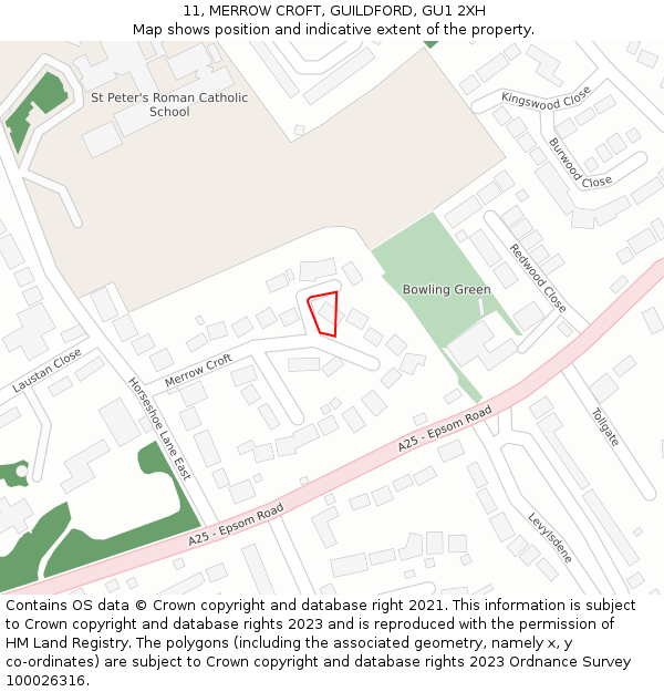 11, MERROW CROFT, GUILDFORD, GU1 2XH: Location map and indicative extent of plot