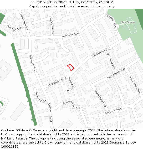 11, MIDDLEFIELD DRIVE, BINLEY, COVENTRY, CV3 2UZ: Location map and indicative extent of plot