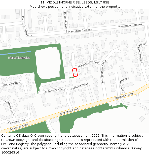 11, MIDDLETHORNE RISE, LEEDS, LS17 8SE: Location map and indicative extent of plot