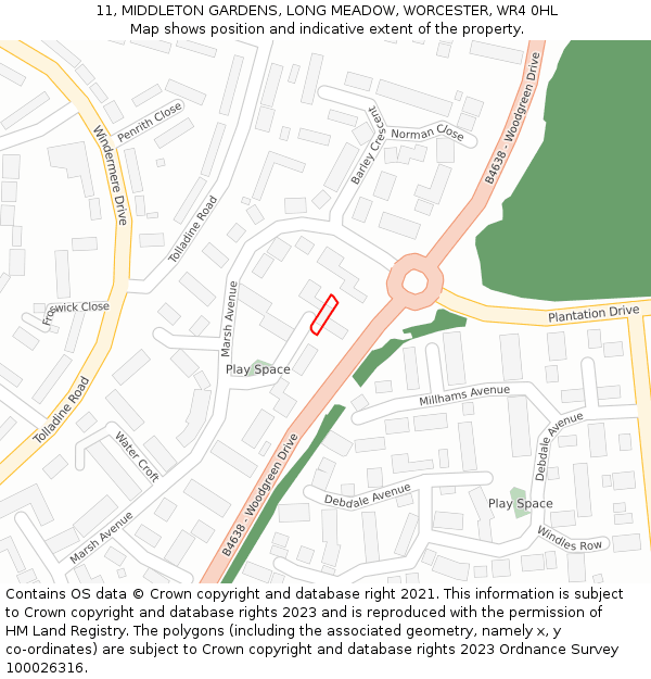 11, MIDDLETON GARDENS, LONG MEADOW, WORCESTER, WR4 0HL: Location map and indicative extent of plot