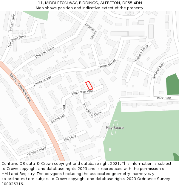 11, MIDDLETON WAY, RIDDINGS, ALFRETON, DE55 4DN: Location map and indicative extent of plot