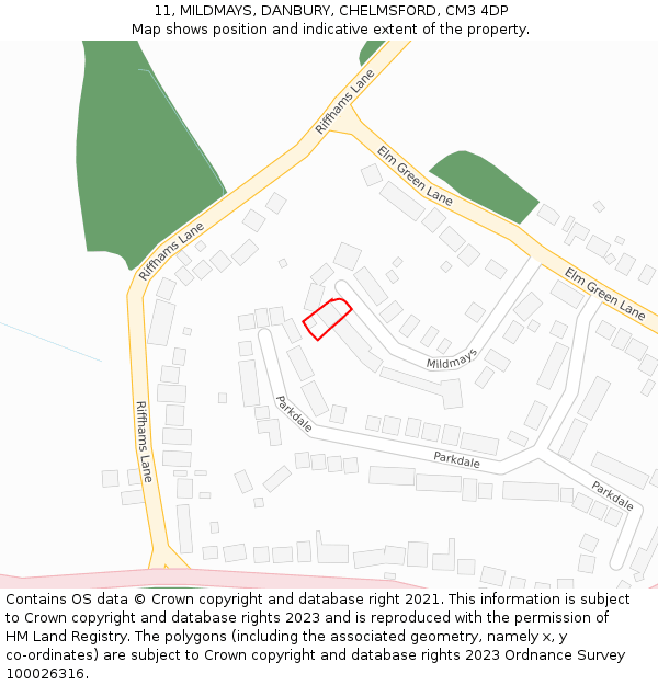 11, MILDMAYS, DANBURY, CHELMSFORD, CM3 4DP: Location map and indicative extent of plot