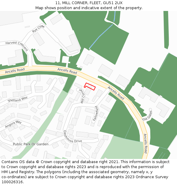 11, MILL CORNER, FLEET, GU51 2UX: Location map and indicative extent of plot