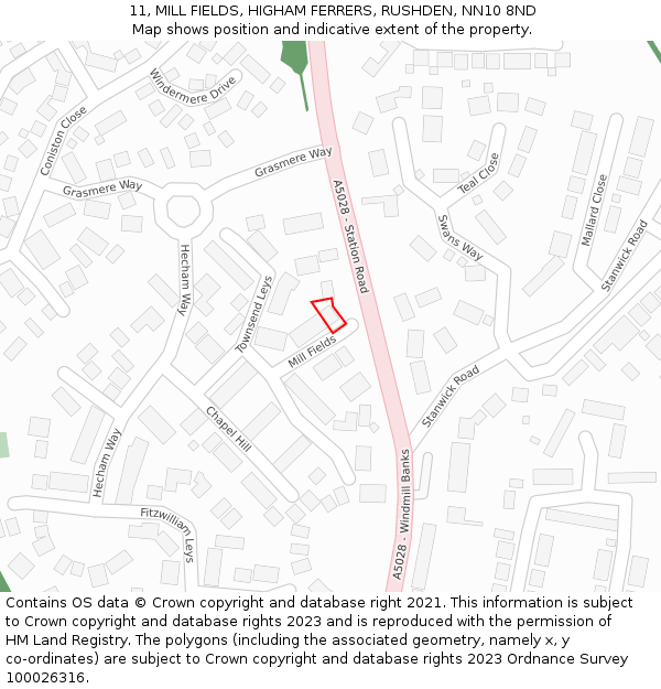 11, MILL FIELDS, HIGHAM FERRERS, RUSHDEN, NN10 8ND: Location map and indicative extent of plot