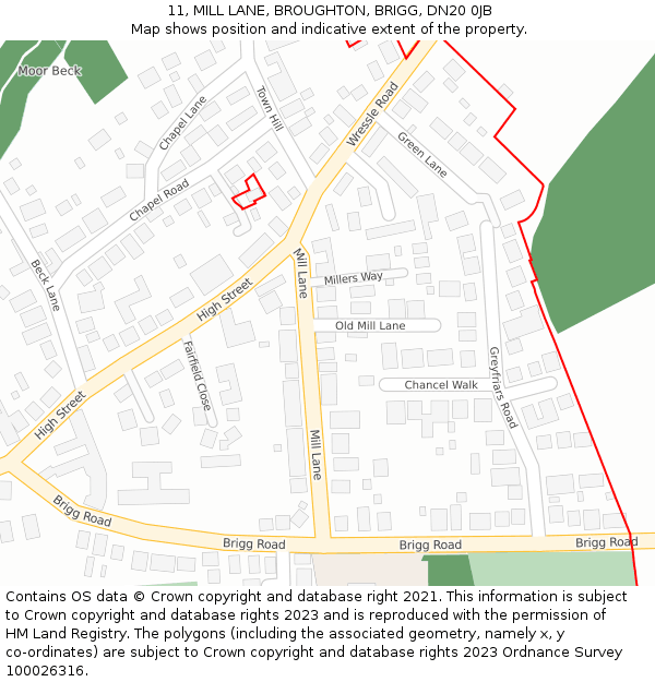 11, MILL LANE, BROUGHTON, BRIGG, DN20 0JB: Location map and indicative extent of plot