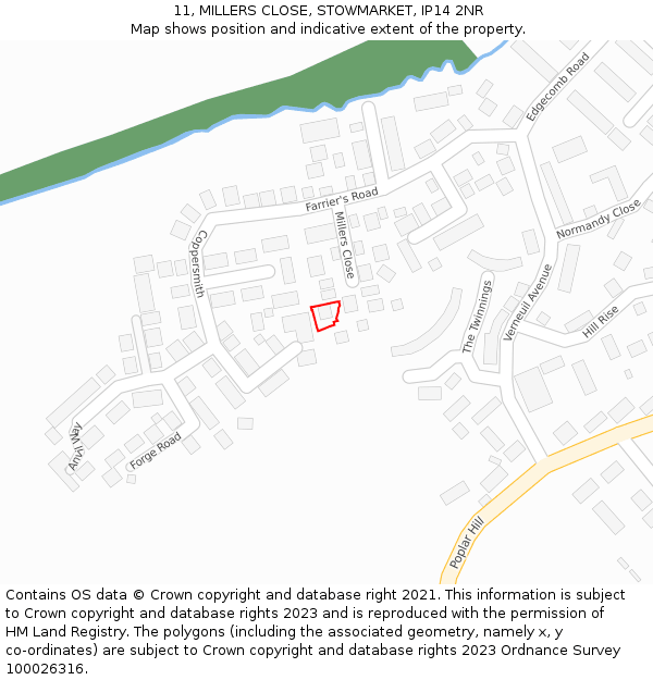 11, MILLERS CLOSE, STOWMARKET, IP14 2NR: Location map and indicative extent of plot