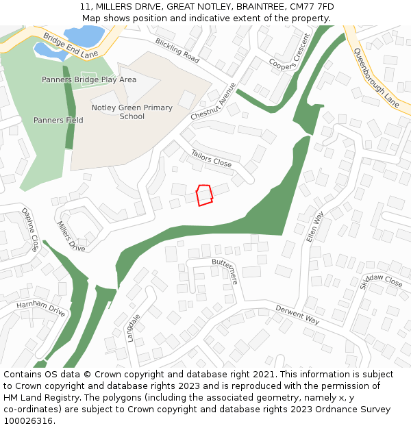 11, MILLERS DRIVE, GREAT NOTLEY, BRAINTREE, CM77 7FD: Location map and indicative extent of plot