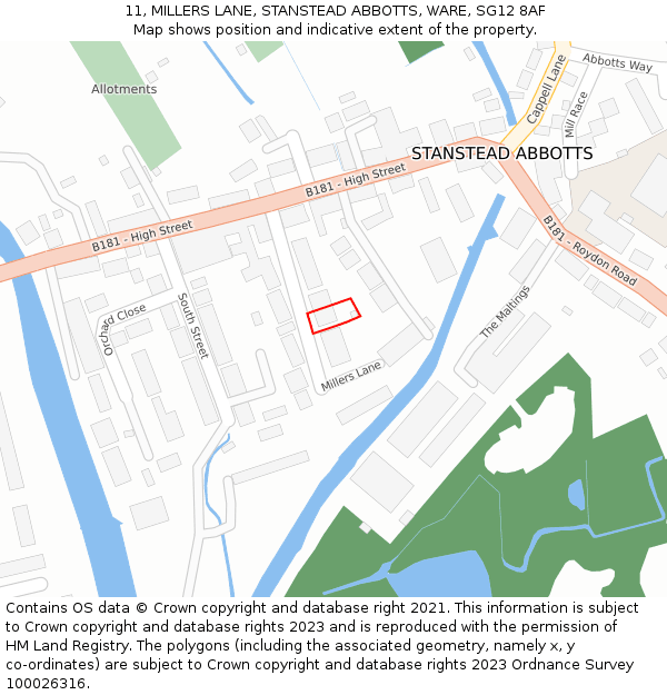 11, MILLERS LANE, STANSTEAD ABBOTTS, WARE, SG12 8AF: Location map and indicative extent of plot